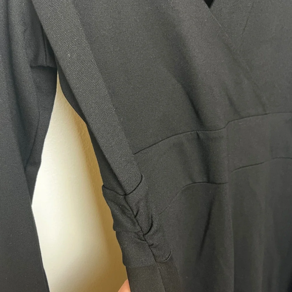 Eddie Bauer Black Long Sleeve V Neck Faux Wrap Style Midi Dress Women's Size L - Picture 5 of 6